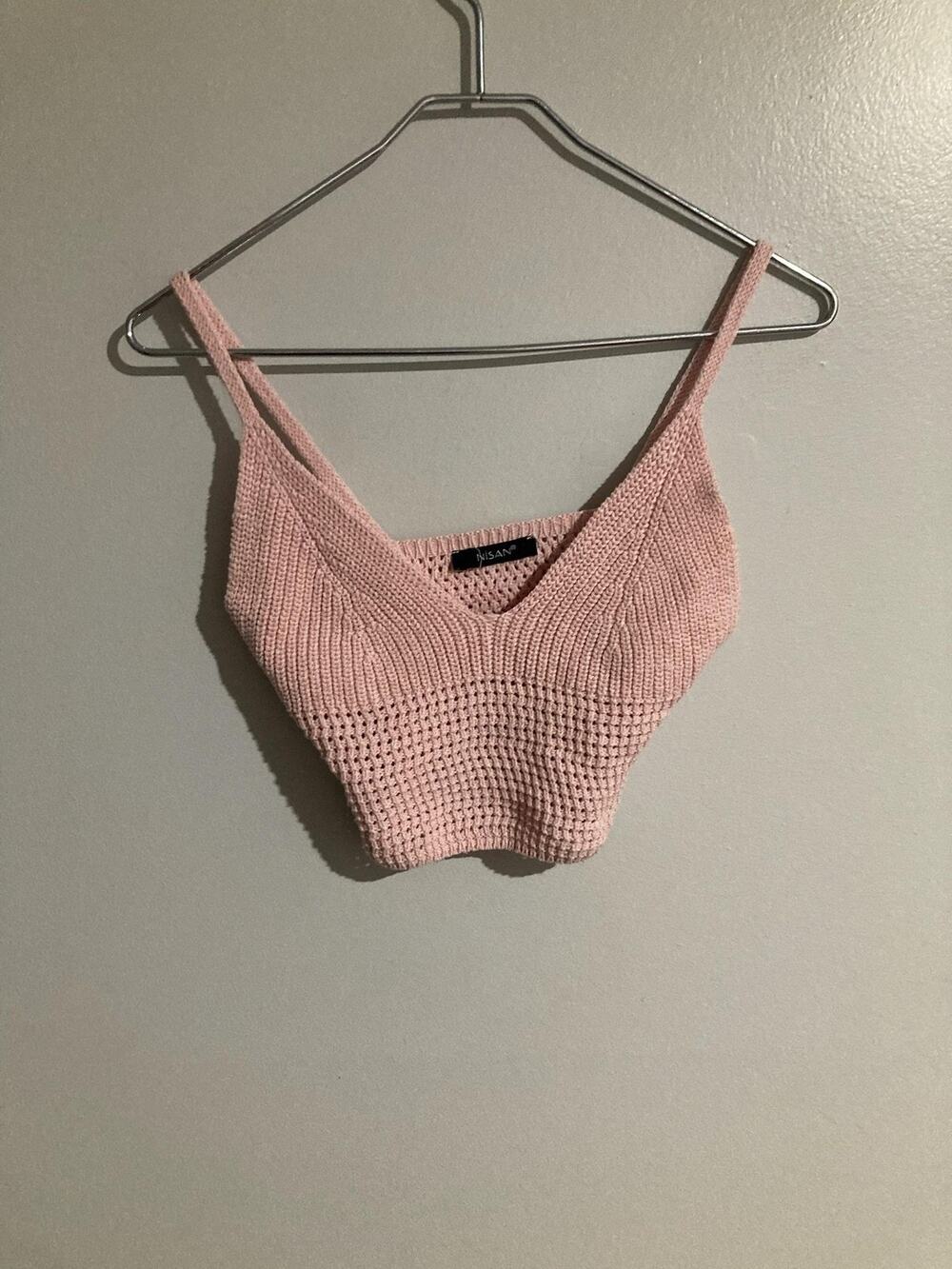 NISAN Cropped Tank Womens S Pink Strappy V-Neck Crochet Knit Summer Casual